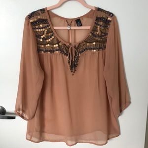 Beaded Sheer 3/4 Sleeve Blouse, Size Medium